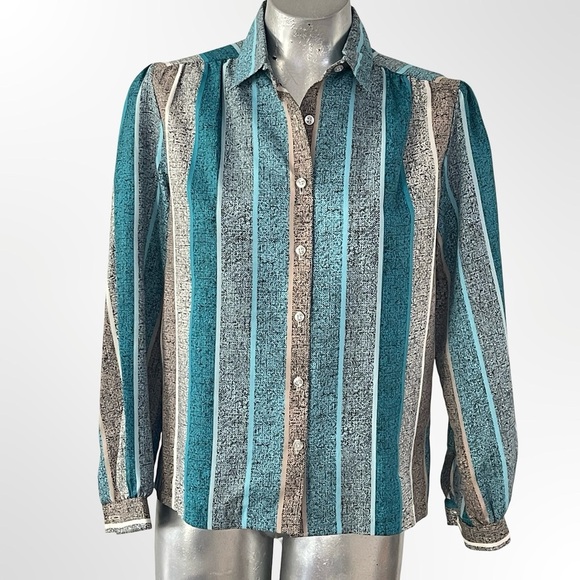 unbranded Other - Women's Teal & Gray Striped Button-Up Silk Shirt